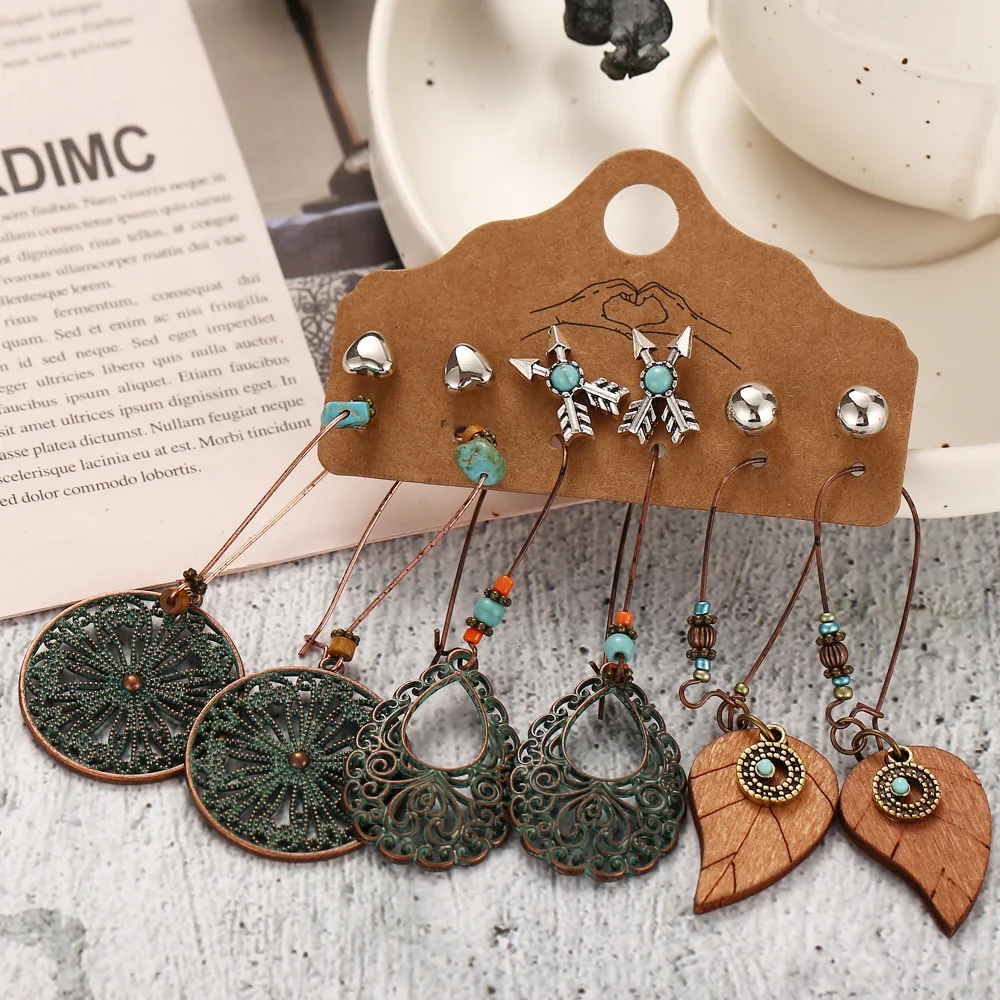 

Hollow out half round earrings 6 pairs of creative leaf feather vintage earrings set, Rhodium