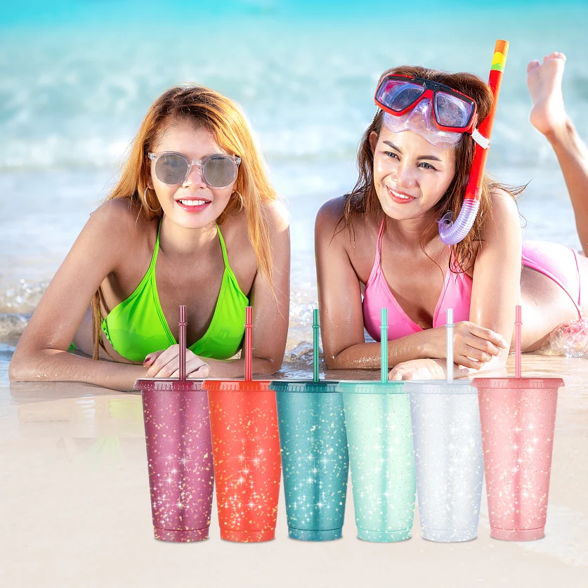 

Hot sale color plastic drinking cup plastic glitter cup with straw and lid, Customized color