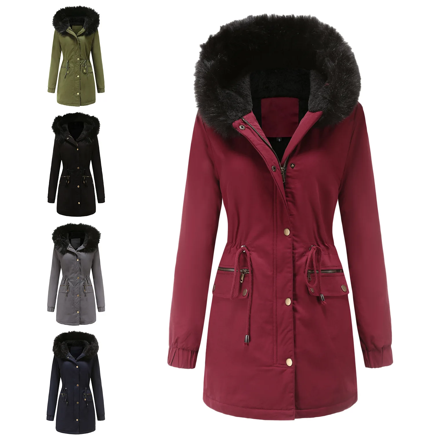 

2021 Fall/Winter New Velvet Cotton-Padded Jacket Women With Fur Collar Hooded Warm Jacket European Code Loose Cotton-Padded Jack