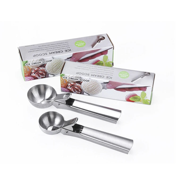 

Factory Wholesale 2 Sizes Ice Cream Spoon with Easy Trigger Cookie Scoops for Baking Durable Stainless Steel Melon Baller Scoop, Silver