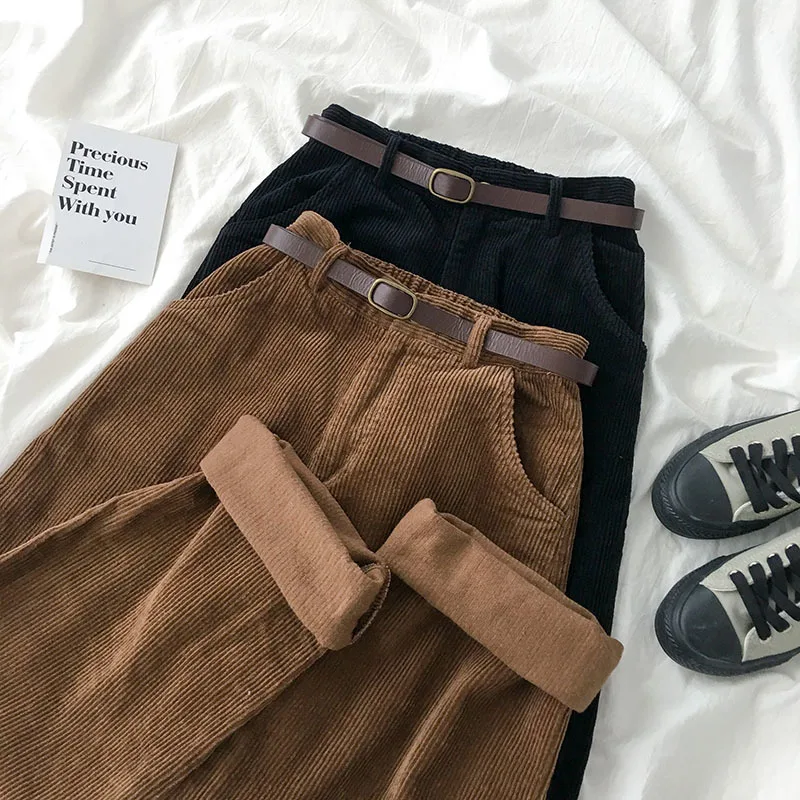 

High Waist Corduroy Wide Leg Pants Female Vintage Brown Black Straight Trouser Without Belt Women Casual Harajuku Bottoms