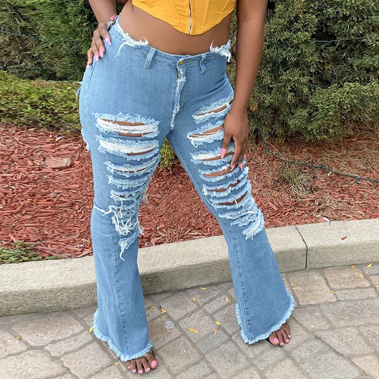 

2021 Fall Women Clothing Chic Plus Size High Waist Ripped Flare Jeans Plus Size Pants Jeans For Ladies, Blue