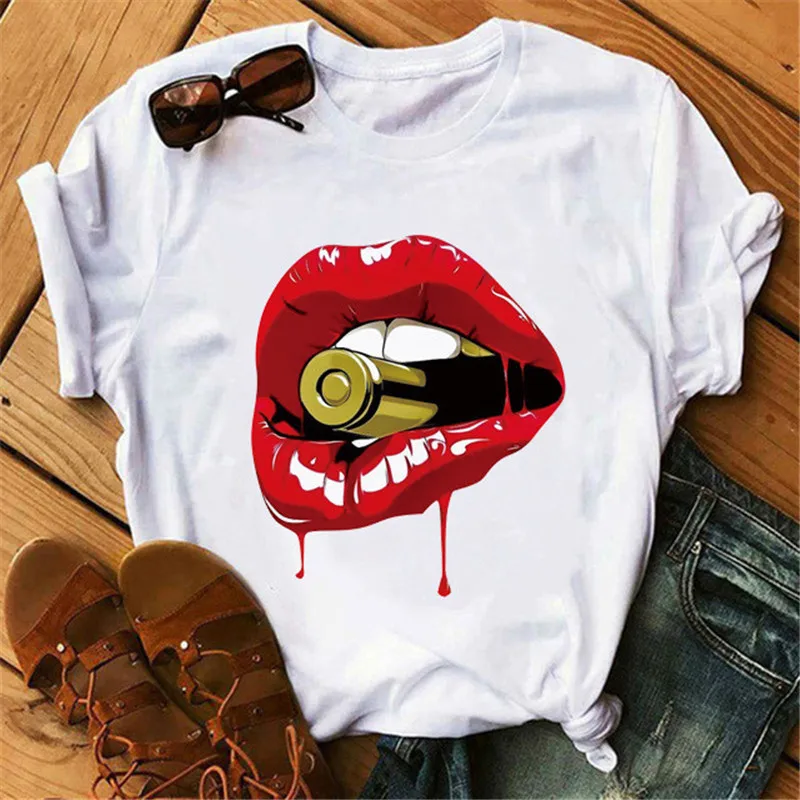 

2021 New Funny Tee T Shirt for Women Creative Fashion Casual Red Lips T Shirt, As pictures
