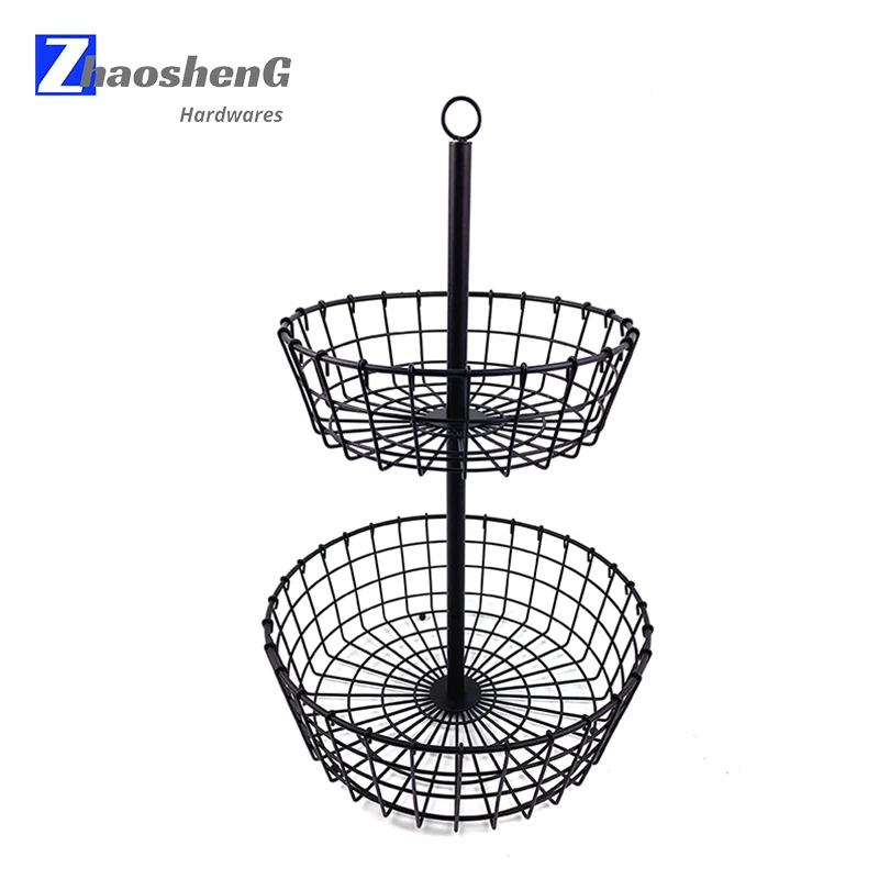 

Modern Counter Top Round Fruit Basket 2 Tier Fruit Basket Metal Wire Banana Hanger Desktop Fruit Vegetable Basket, Black