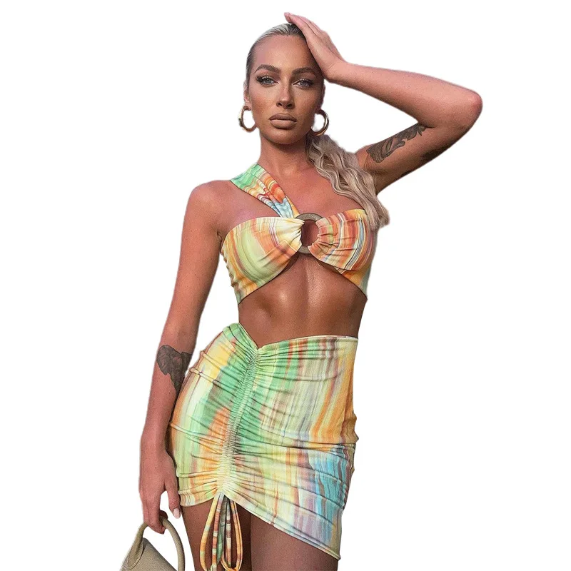 

Summer 2021 Fashion new Sexy Hollow halter vest Printed slim skirt Suit for women, Picture shows