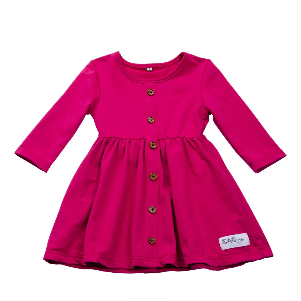 

Wholesale children boutique clothing solid colors custom kids dress buttons down twirl girls dresses for girls