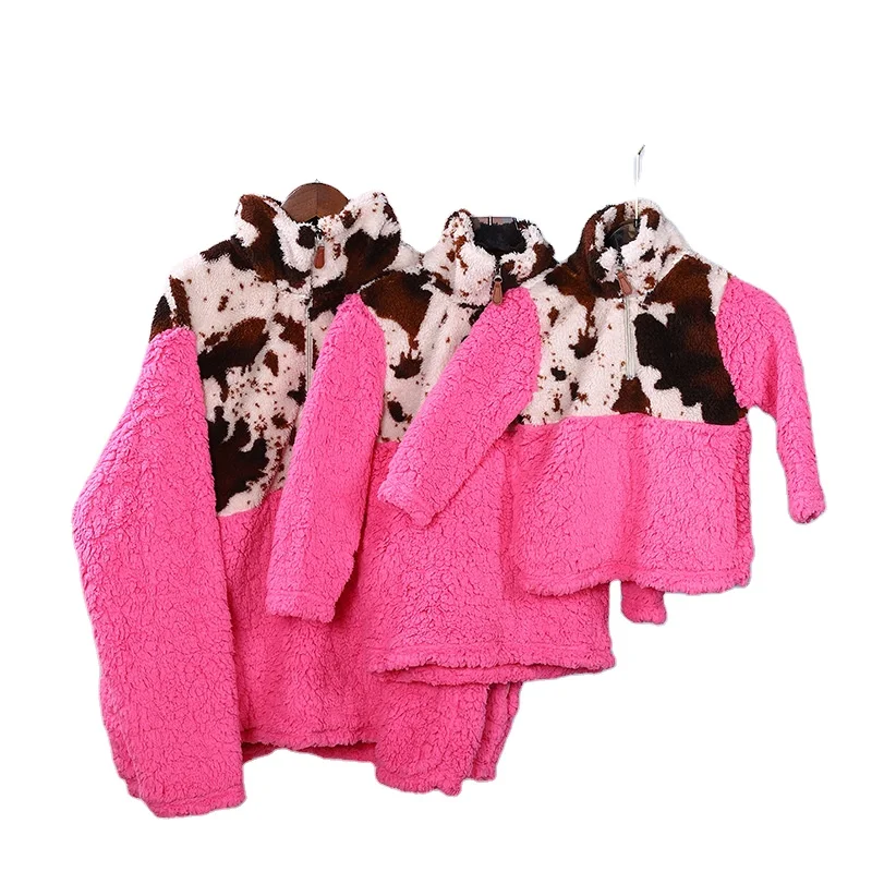 

New plush cow color mommy and me outfits fleece women and girls coat tops pullover tie dye sherpa cowhide print jacket, Colorful, as the pictures