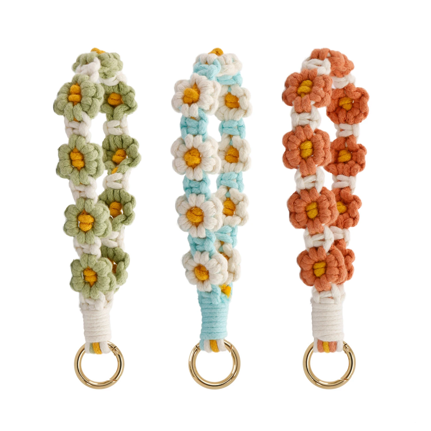 

Boho Handmade Daisy Flower Wrist Lanyard Keychain Woven Cotton Rope Car Key Holder Macrame Wristlet Bracelet Keychain