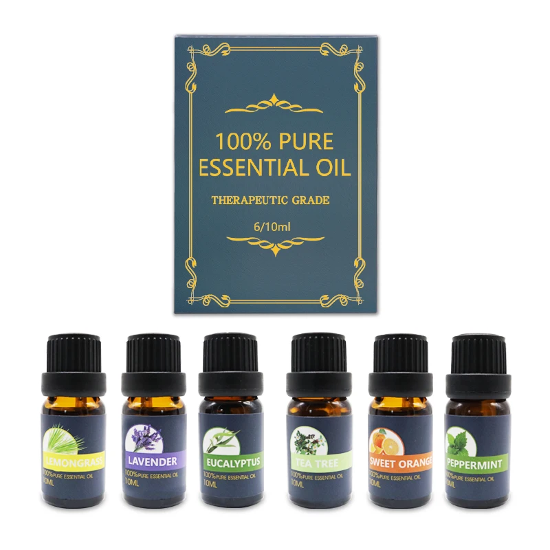 

6PCS Set Flower Aromatherapy Essential Oil Private Label Natural 100% Pure Lavender Peppermint Tea Tree Massage Essential Oils, Black