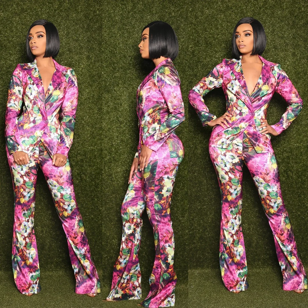 

Office Long Sleeve Printed Fashion Suit High Quality Plus Size Big Fall Women Two Piece Sets Lady Casual Clothing, Customized color