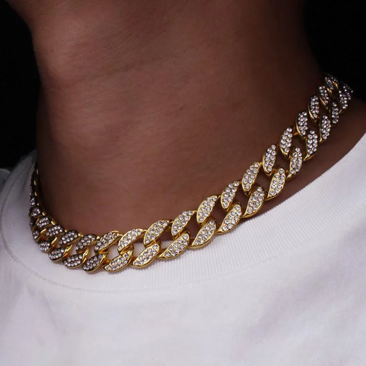 

13mm Exquisite Gold Plated Bling Rhinestone Crystal Diamond Golden Finish Miami Cuban Link Chain Necklace Men Hip hop Necklaces