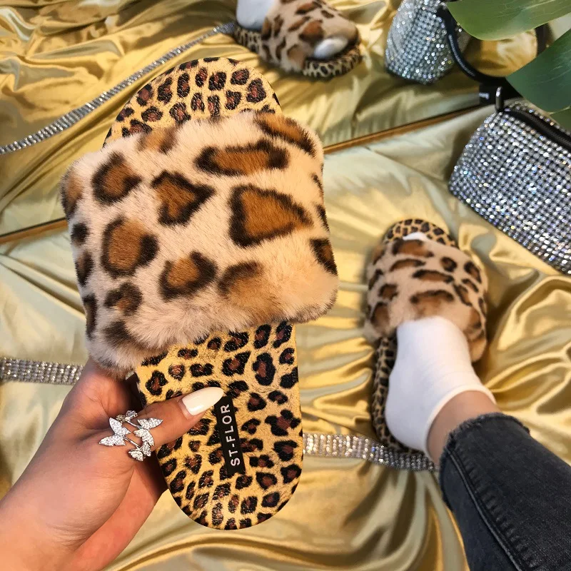 

JANHE sandalia mujer sandali pantuflas sendal wanita Women Platform Heel Furry Sandales Slides Lady Leopard Fur Slipper, 2 colors