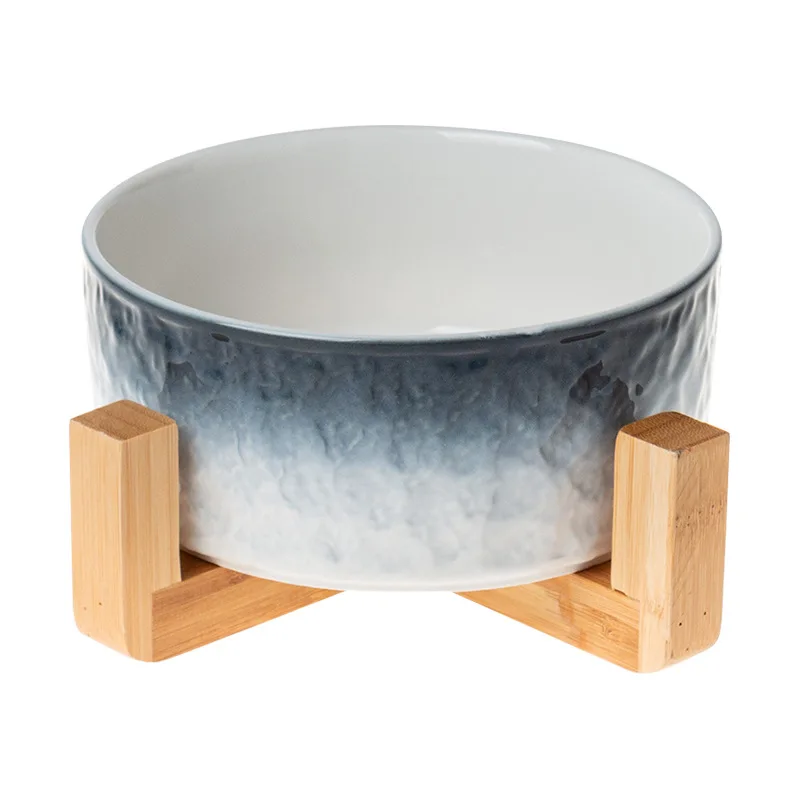 

Wholesale stone grain wooden stand elevated ceramic pet dog cat feeding bowl