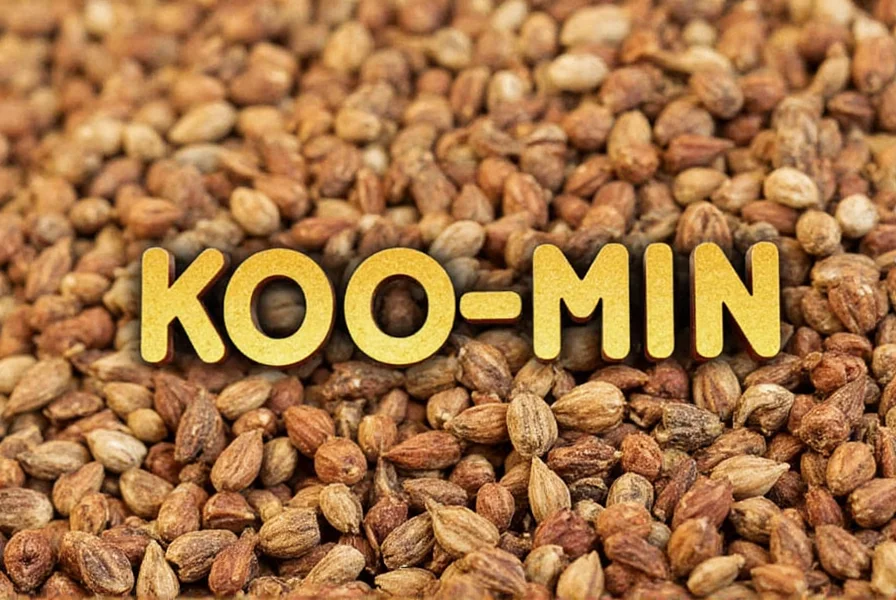 Close-up of cumin seeds with phonetic pronunciation guide KOO-min overlaid