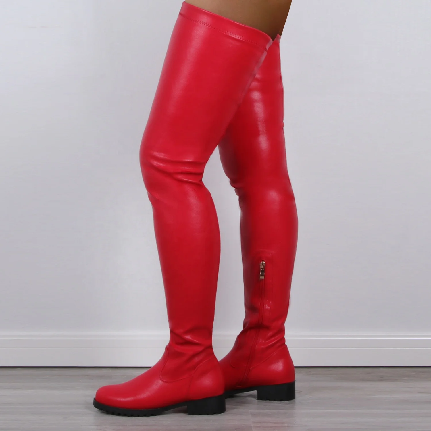 

Women leather over the knee low heel pu flat red thigh high boots