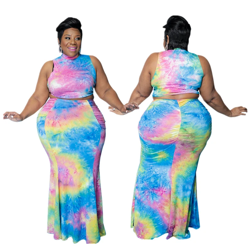 

Sleeveless crop top and skirt set tie-dye printed bodycon fishtail long skirt high waist plus size women 2 piece skirt set, Picture color