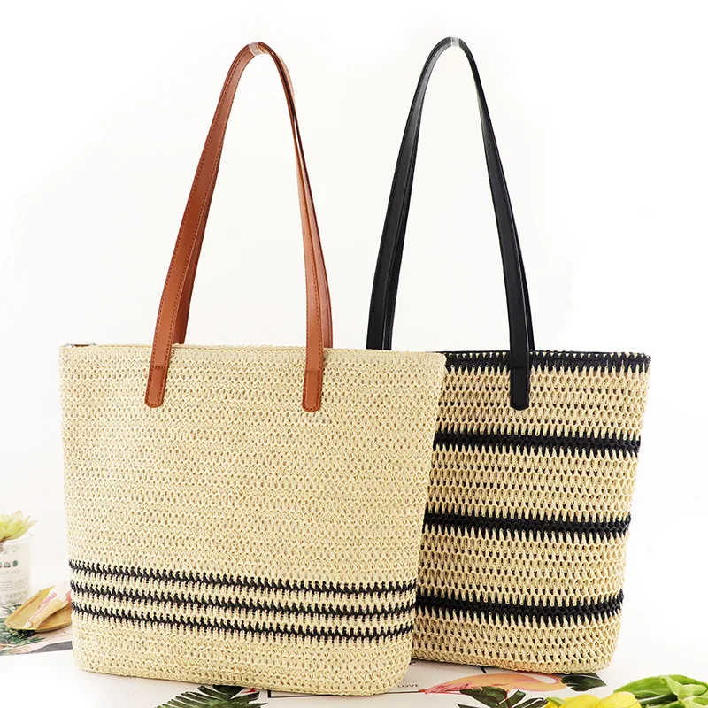 

2022 New Arrival Stripe Straw Bag Handmade Summer Beach Casual Women Tote Hand Bags