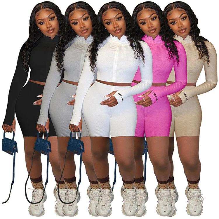 

High Quality Girls Sexy Zipper Design Two Piece Short Set Solid Color Women Joggers Suits Two Piece Set