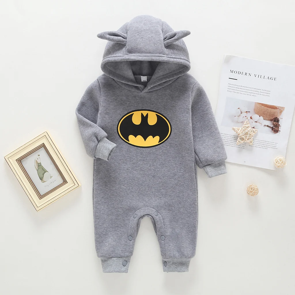 

Factory Direct Sale Bat Sticker Animal Ears Hoodie Long Sleeve Solid Color Gray/Black Unisex Baby Fleece Rompers for Winter