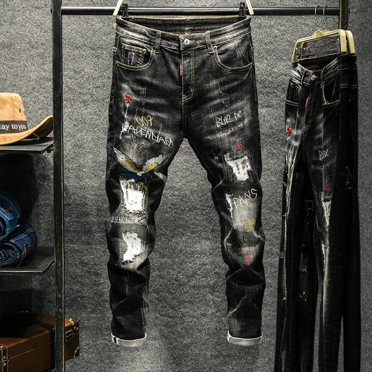 

New Men Leisure Biker jeans embroidery printing badge patch High street Breathable black Slim fit Small feet pants, Picture color