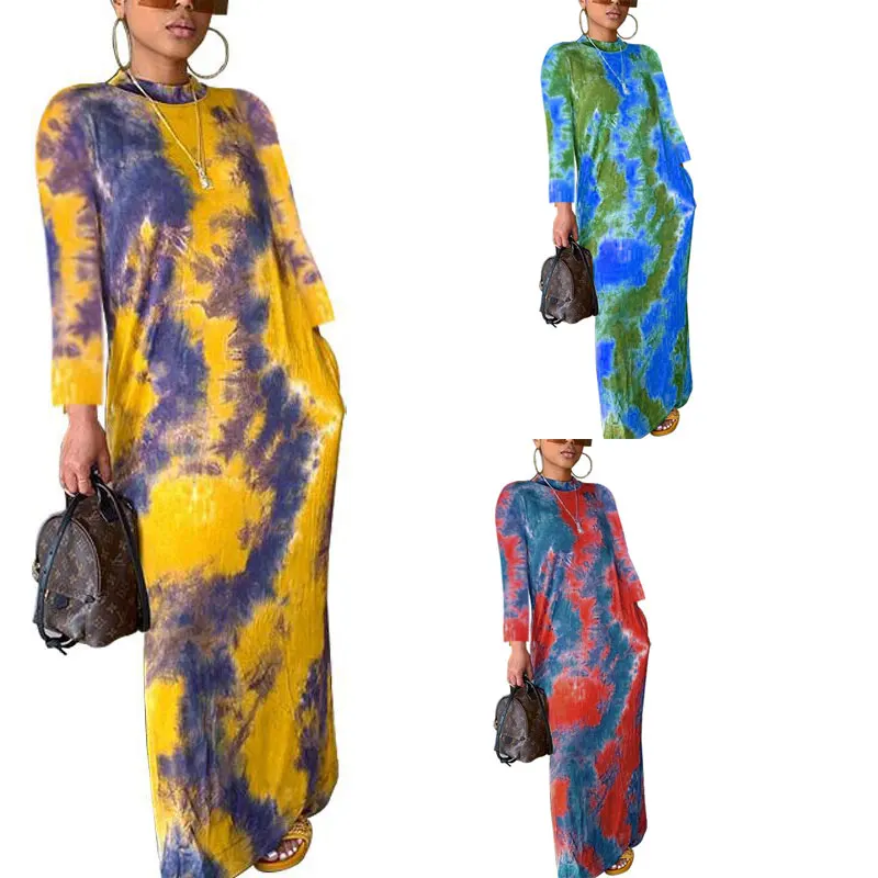 

21230-MX87 spring maxi o neck tie dye casual dresses women sehe fashion