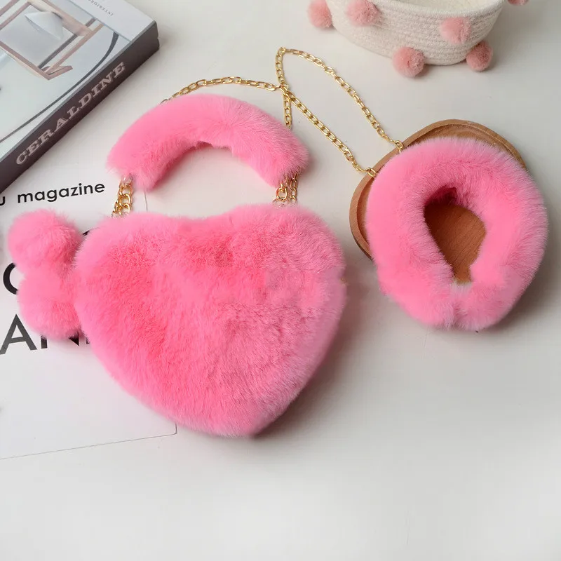

Rabbit Faux Fur Handbag Hairband Heart Shape Purse Set For Women Luxury Wholesale Sweet Cute Headband Winter Fur Love Purseset, 18 color