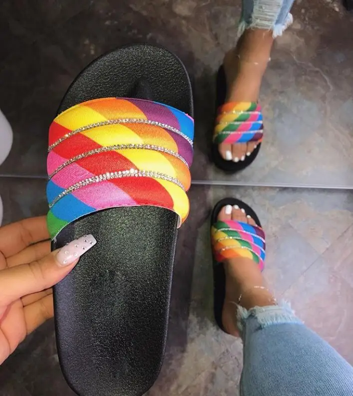 

China Fashion Sequins Rainbow Slippers Sandals For Women 2020 Sandals, Black , rainbow . rose