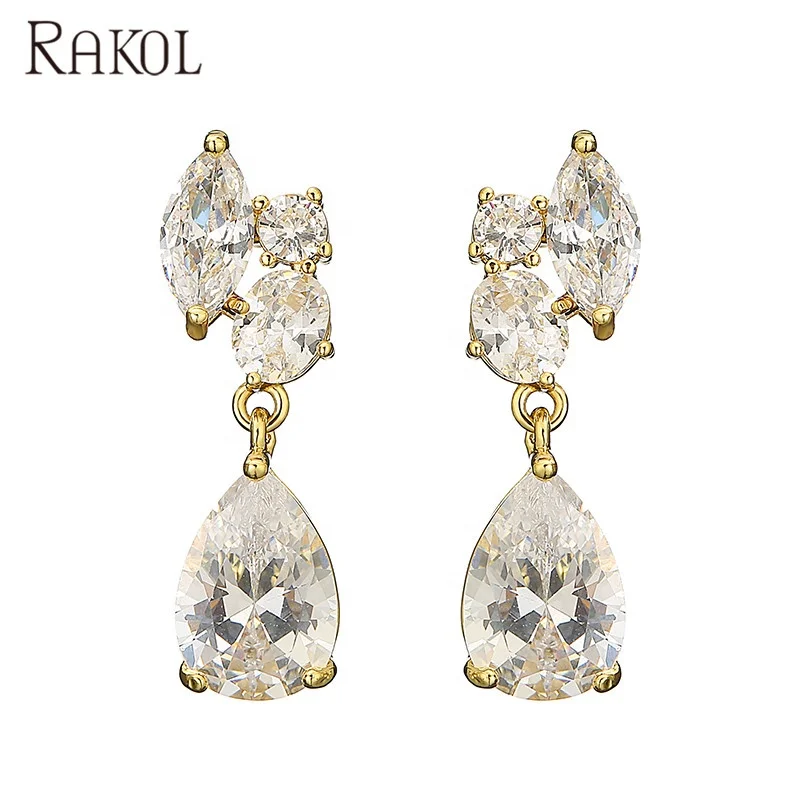 

RAKOL EP2491 Waterdrop cubic zirconia earrings Big crystal Hypoallergenic gold stud dangle earrings jewelry for women, Picture shows