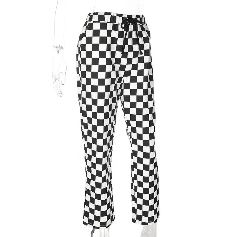 

2021 New Spring Fashion Contract Color Black and White Grid Elastic Loose Wide Leg Pants Street Style Casual Trousers for Women