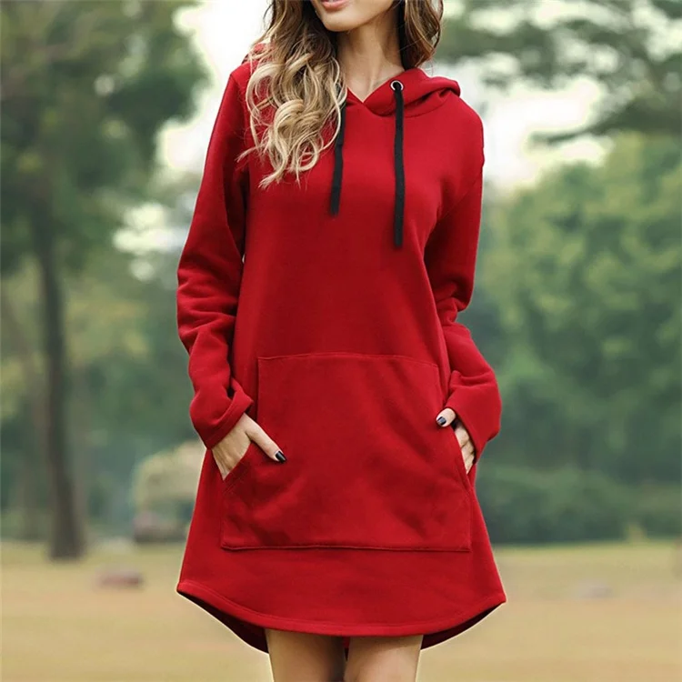 

Vintage Women Dress Hooded Long Sleeve winter Casual Plus Size Dress Retro lady Pocket Midi Dresses, As picture show