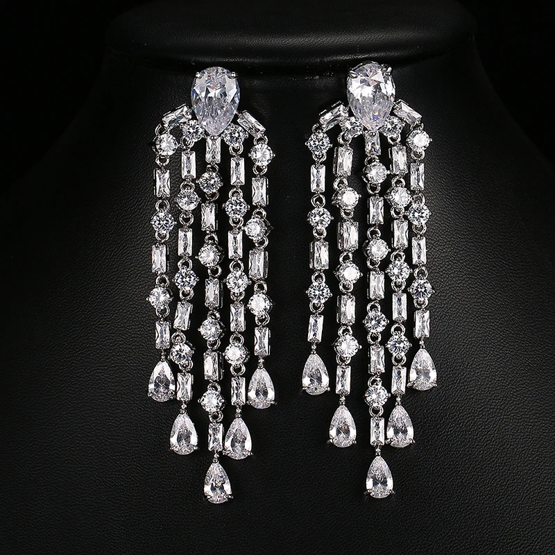

Emmaya Luxury Red Green Clear Blue Long Earrings For Women Wedding Party Drop Clear Cubic Zirconia Tassel Dangle Earrings