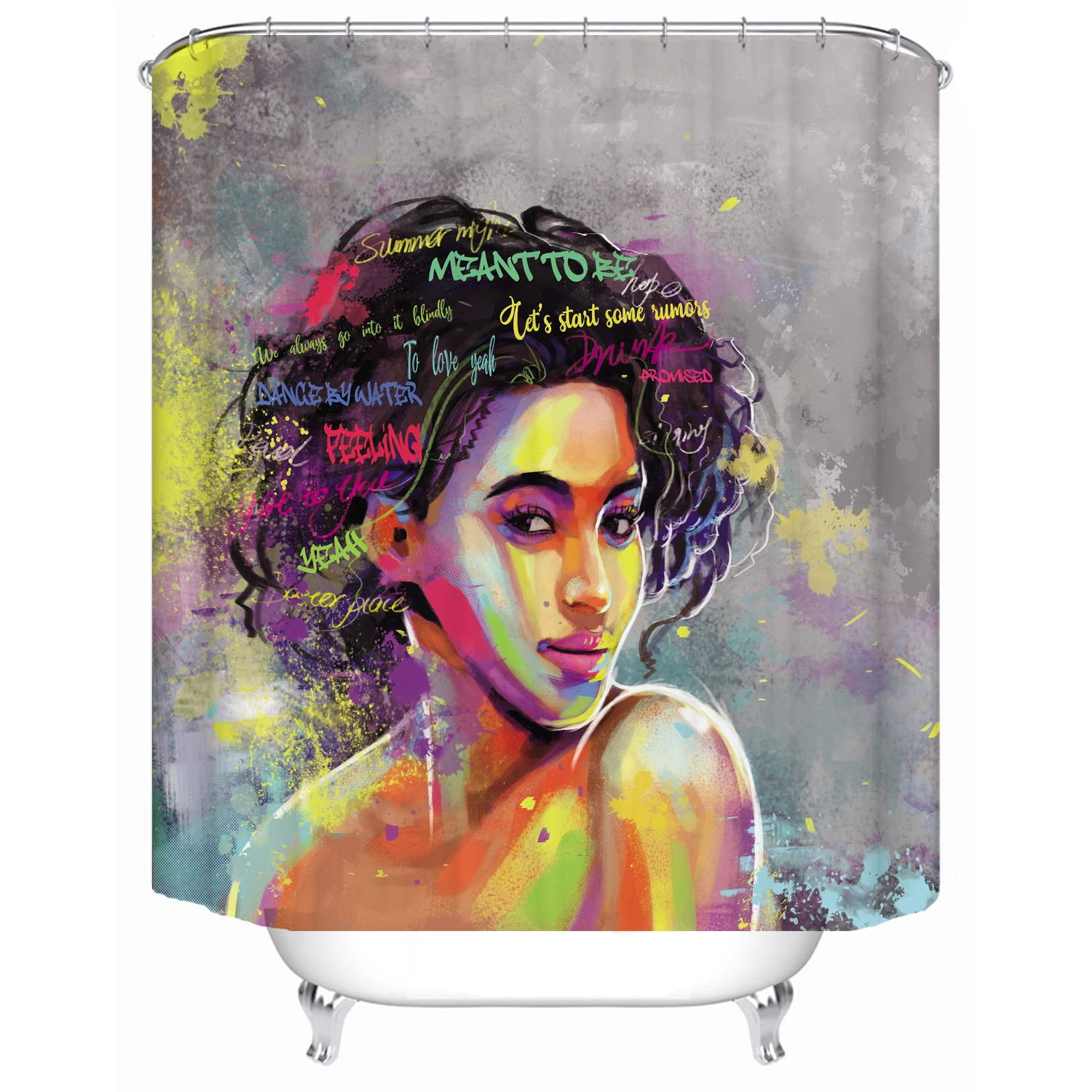 

African Woman American Black Girl Print Waterproof Fabric Shower Curtain Liner Covered Bathtub Bathroom Curtains 12 Hooks