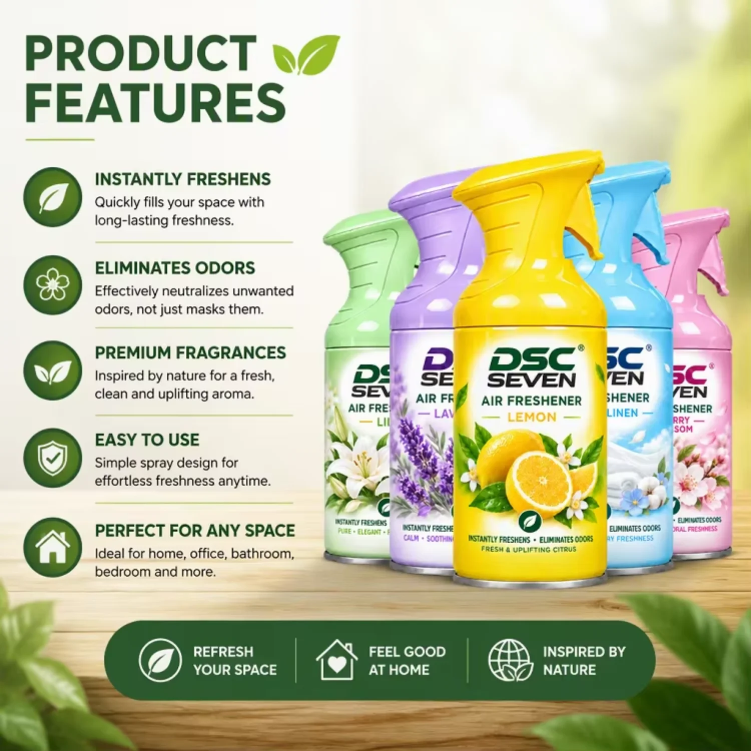 Odor Eliminator Eco-Friendly Long-lasting Aerosol Spray Air Freshener Instantly Freshens Room Lily Lavender Lemon Linen Cherry