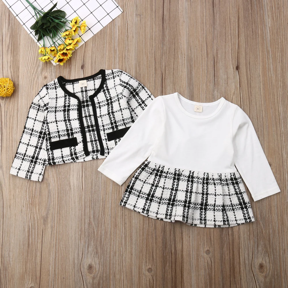 Autumn Winter Party Kids Clothes For Baby Girl Fashion Pageant Plaid Coat Tutu Dress Outfits Suit Toddler Girl Clothing Set