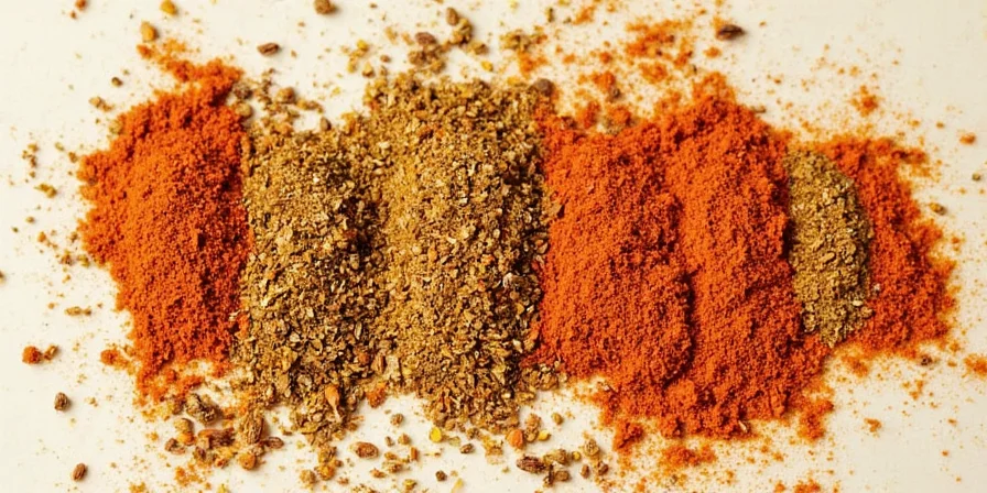 Five different spice bowls labeled with names