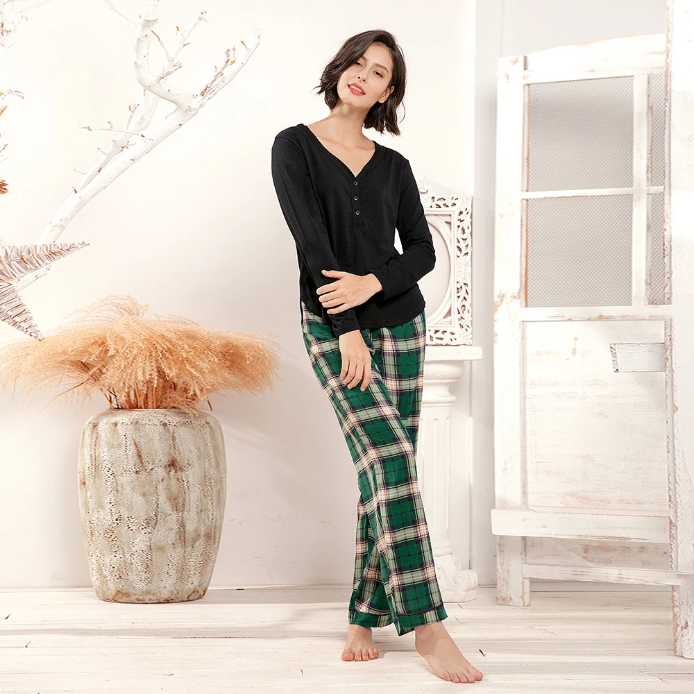 

2022 spring summer new arrivals long sleeve v-neck t-shirt green plaid bottom 2 piece women ladies cotton pajama sleepwear sets, Black and green plaid