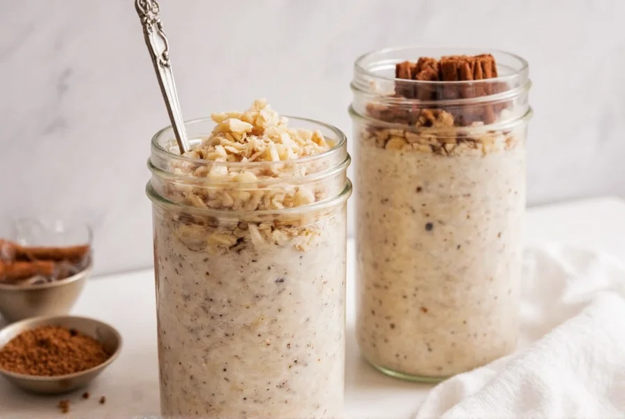 Glass jar of cinnamon overnight oats with fresh berries and cinnamon sprinkle