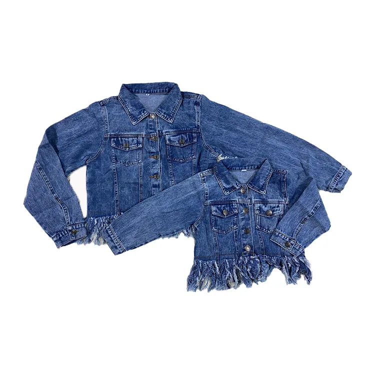 

Hot selling fashionable Mommy and Me Acid Washed Fringe Denim Jackets for wholesale