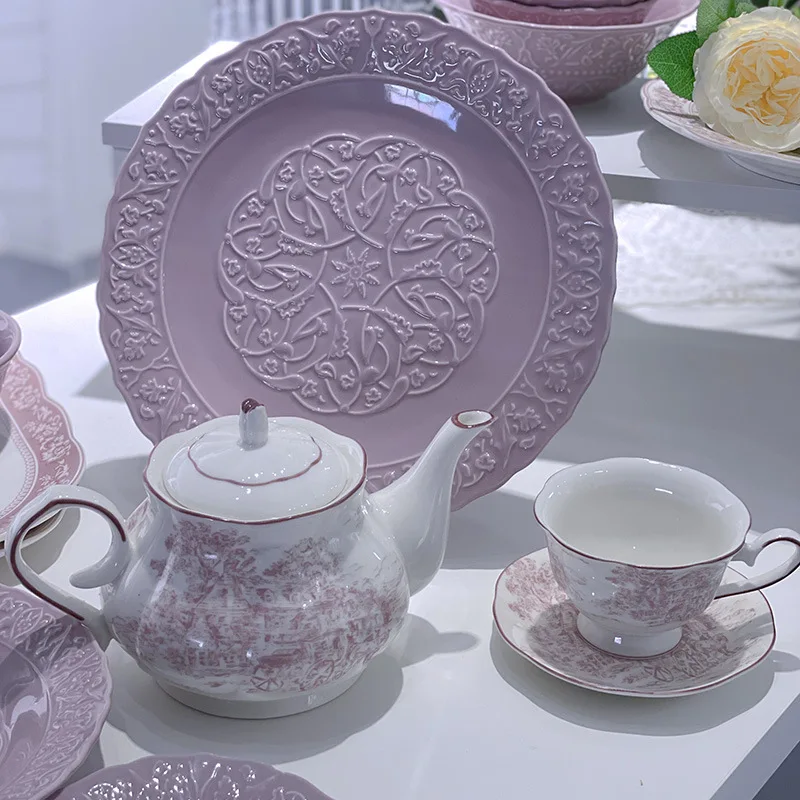 

Hot Sale Purple Ceramic Cutlery Dishes and Plates Set French Vintage Style Tableware Breakfast Plates Fish Plates