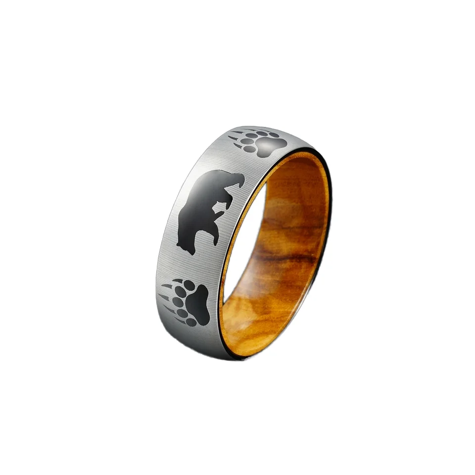 POYA 8mm Oliver Classic Style Tungsten Ring With Black Bear Silver Stainless Steel Liner Wood for Wedding Gift Anniversary