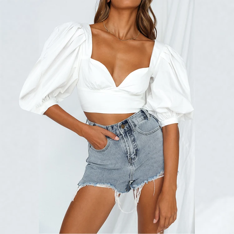 

S2280C Simple Design Puff Sleeve Low Chest Blouse Off Shoulder Sexy Crop Top For Women Clothing Sexy, As picture shown or customized following customer design