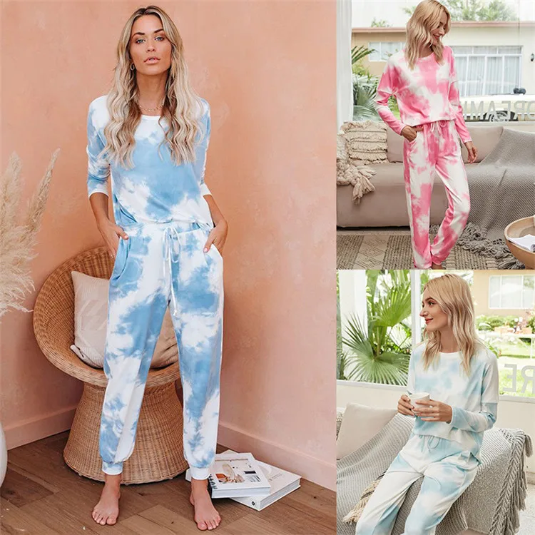 

2021 Hot sale casual European and American women pajamas tie dye home wear two piece sets