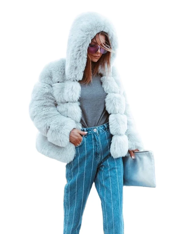 

Popular women's thickened warm fur coat in autumn and winter long sleeve hat rabbit hair coat