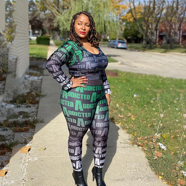 

Letter Print Plus Size U Neck Long Sleeve Two Pieces Outfits Women Fashion Pant Set Sporty Activewear Wholesale -YS, Green/gray