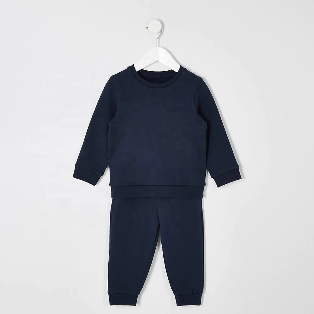 
Custom wholesale baby clothing set navy jumper outfit kids plain sweatshirt joggers two piece set OEM embroidered logo 