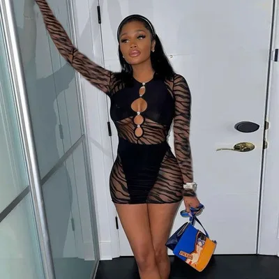 

Hollow out bodycon mini dress long sleeve See through casual short dresses clubwear