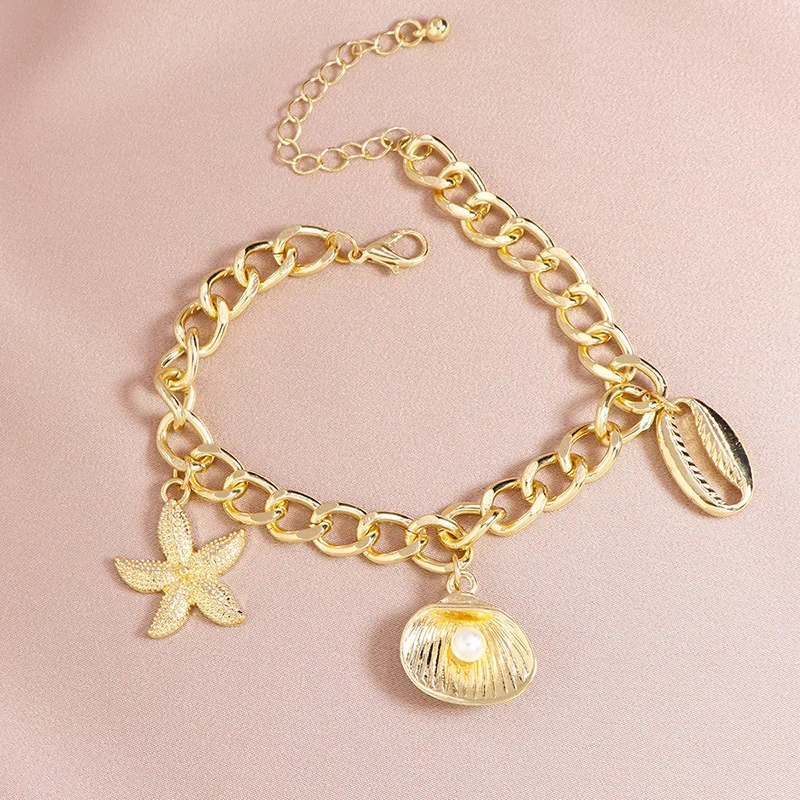 

Bohemian Beach Fashion Shell Charm Chunky Chain Bracelets Golden Starfish Link Chain Bracelets for Ladies