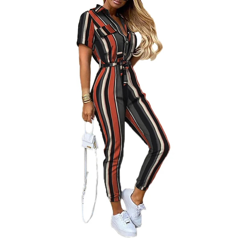 

Plus Size Summer 2021 Short Sleeve Print belt Ladies Outfit jumpsuit Women One Piece Long Jumpsuits And Rompers, Customized color