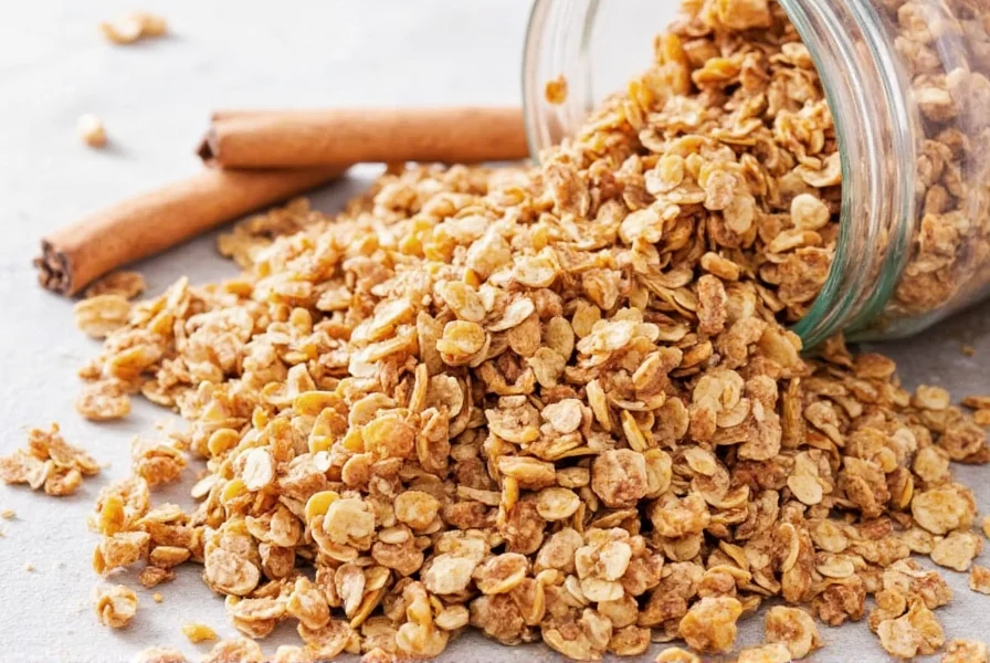 Homemade cinnamon granola in glass jar with cinnamon sticks