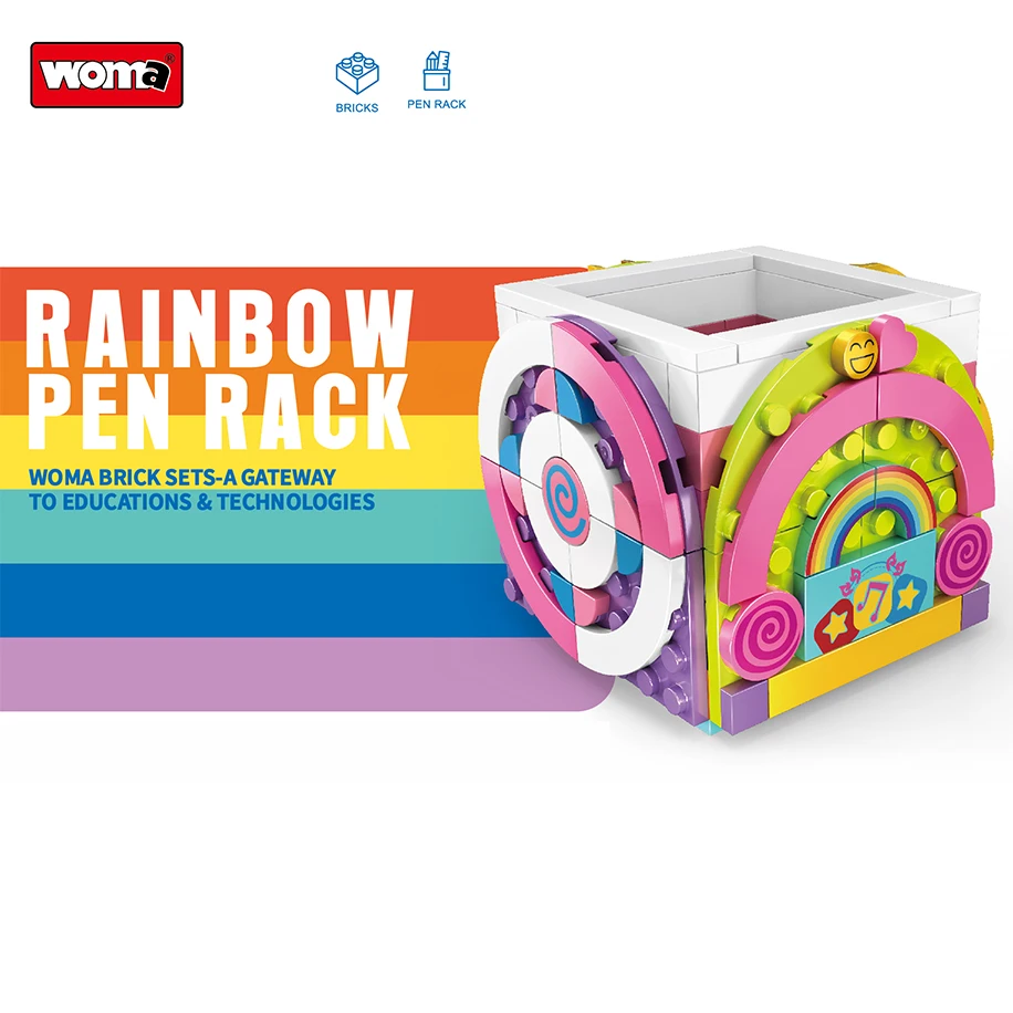 

WOMA TOYS 2022 Children Day Christmas Gifts Supermarket Giveaway Rainbow Pen Rack Holder Plastic Bricks Building Blocks Set